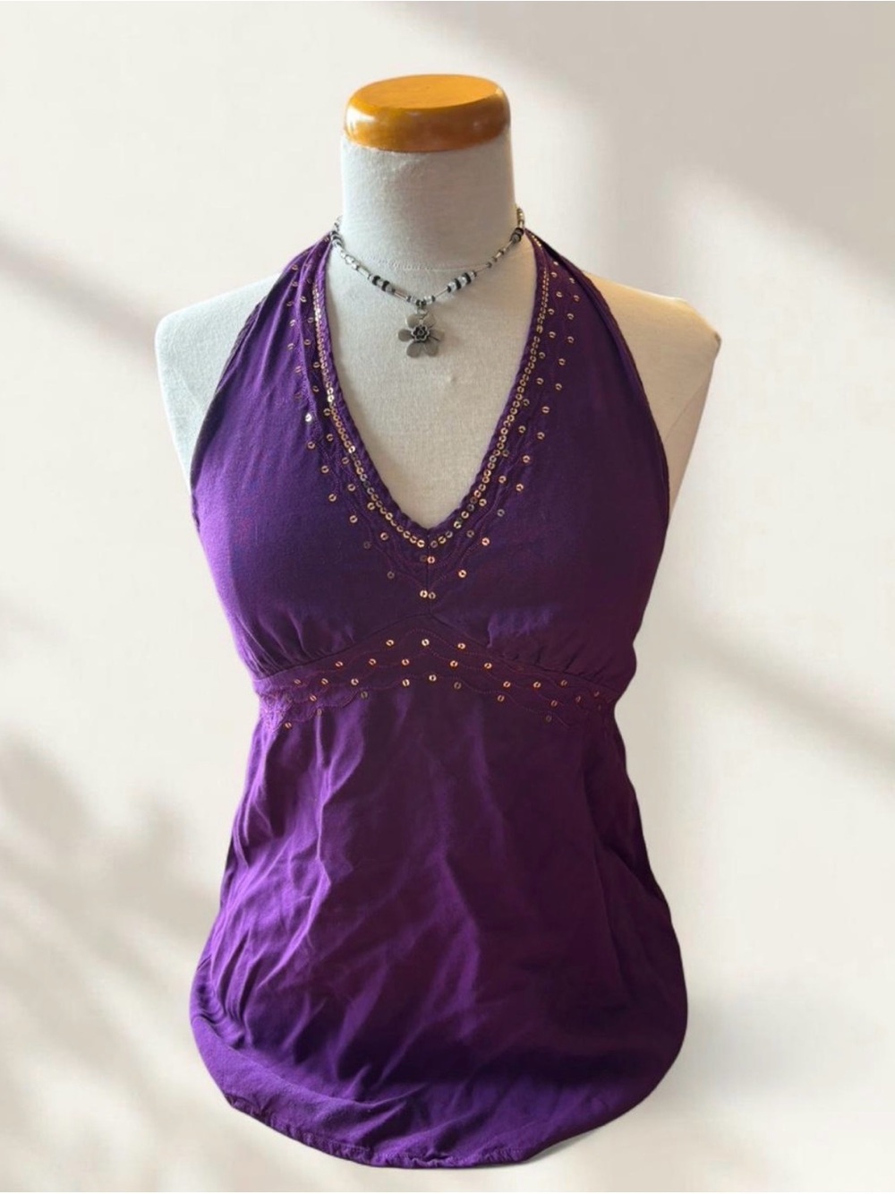 Sleeveless Purple Halter Camisole with Sequin Detail